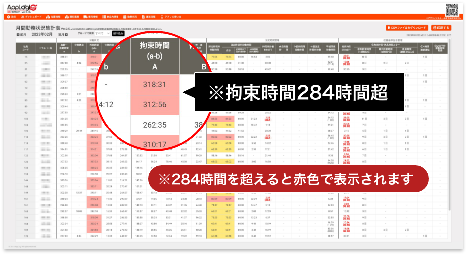 拘束時間管理のサンプル画面